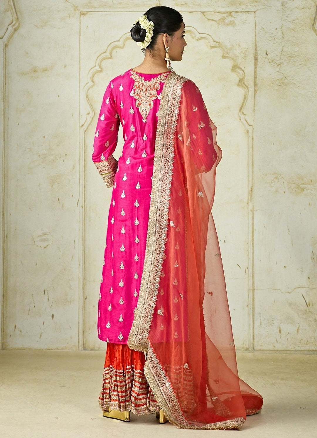 Gopi Vaid Hot Pink And Orange Tussar Kurta Sharara SetFabilicious Fashion