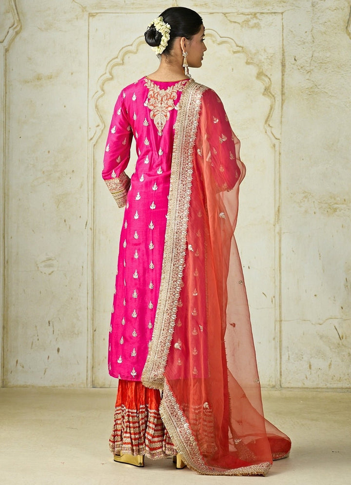Gopi Vaid Hot Pink And Orange Tussar Kurta Sharara SetFabilicious Fashion