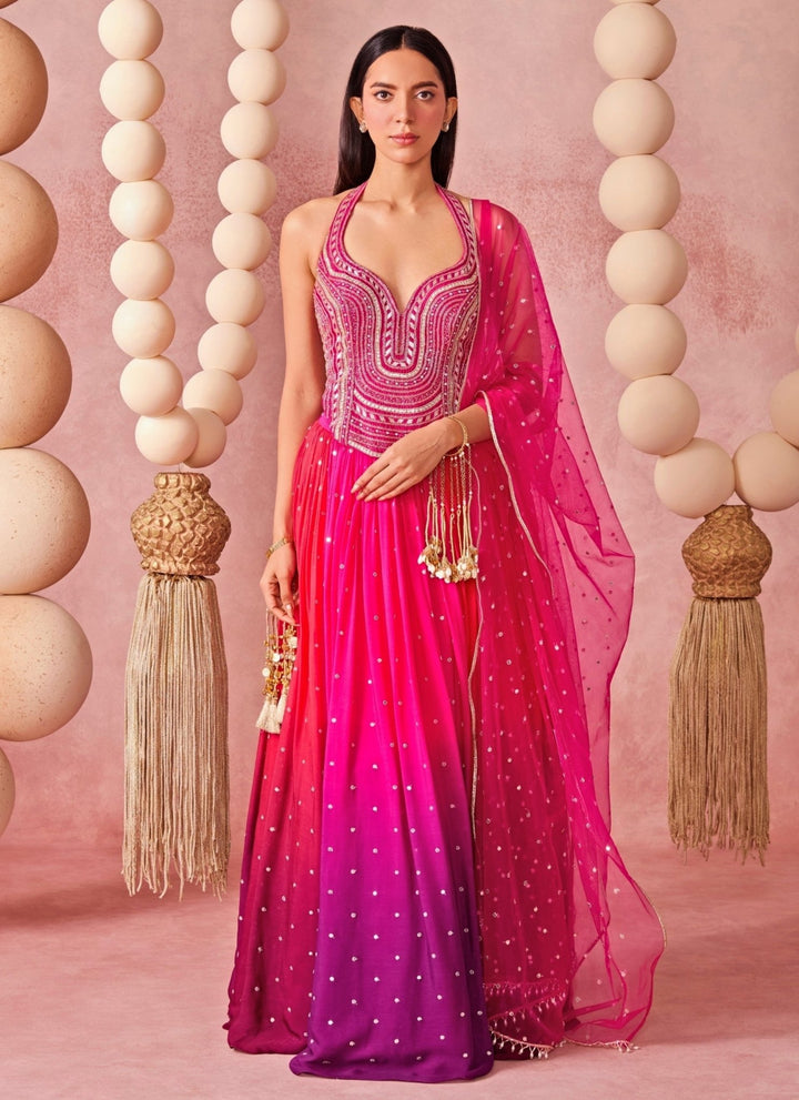 Chamee And Palak Hot Pink And Purple Georgette Corset Lehenga SetFabilicious Fashion