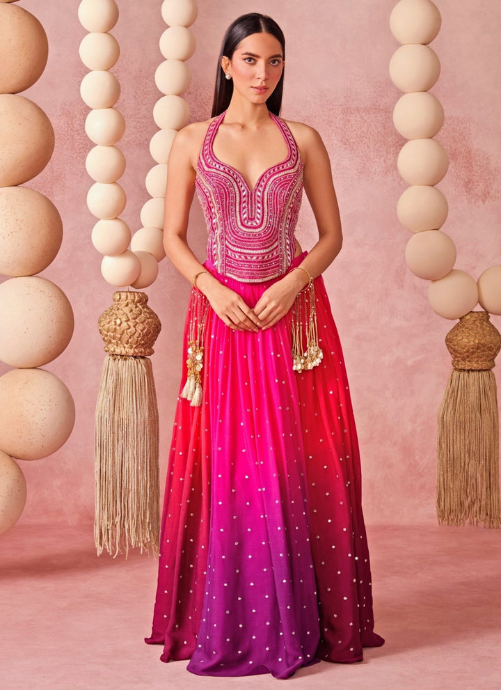 Chamee And Palak Hot Pink And Purple Georgette Corset Lehenga SetFabilicious Fashion
