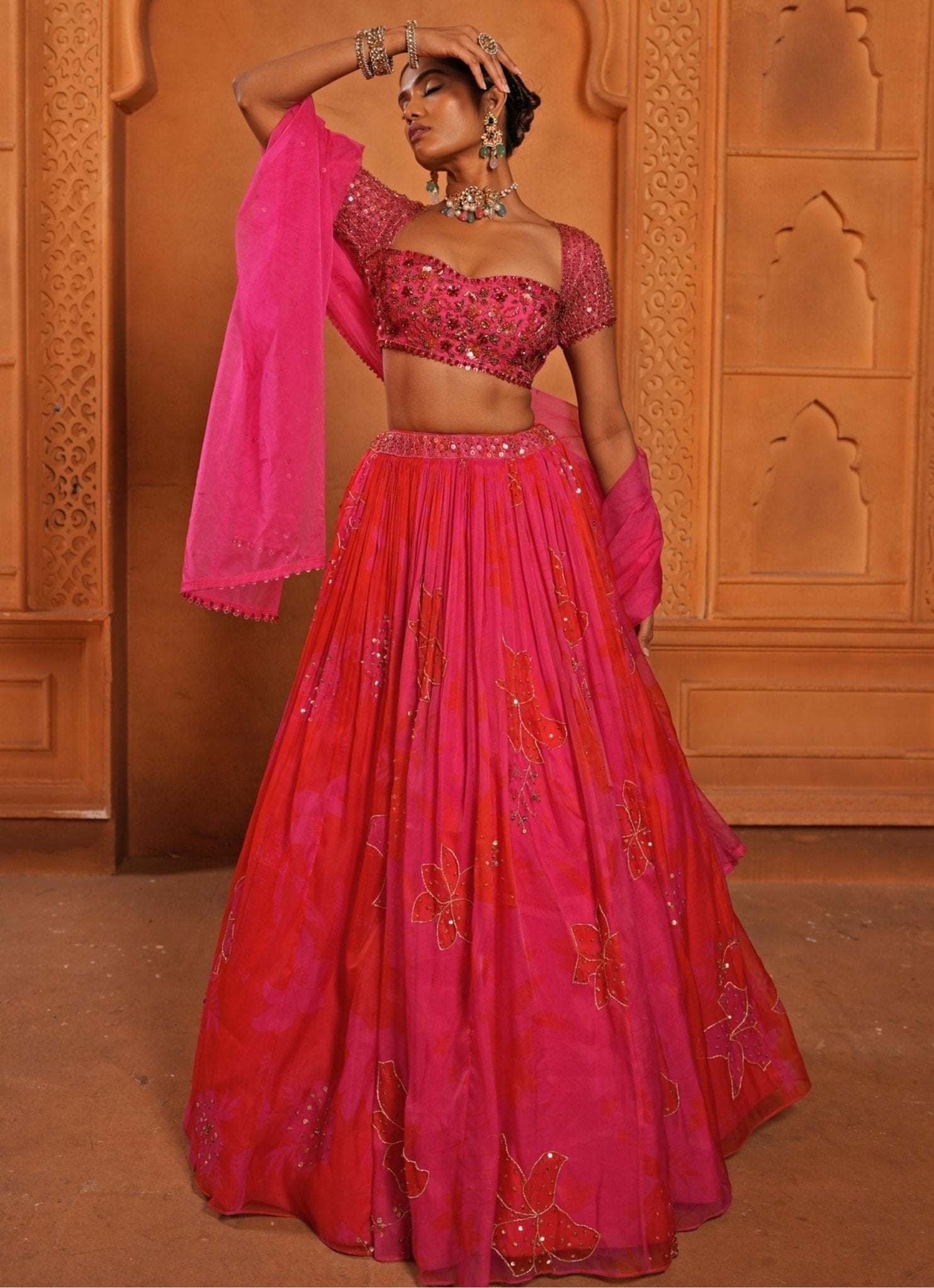 Hot pink and red organza lehenga — wedding guest lehenga by Enamour by Radha