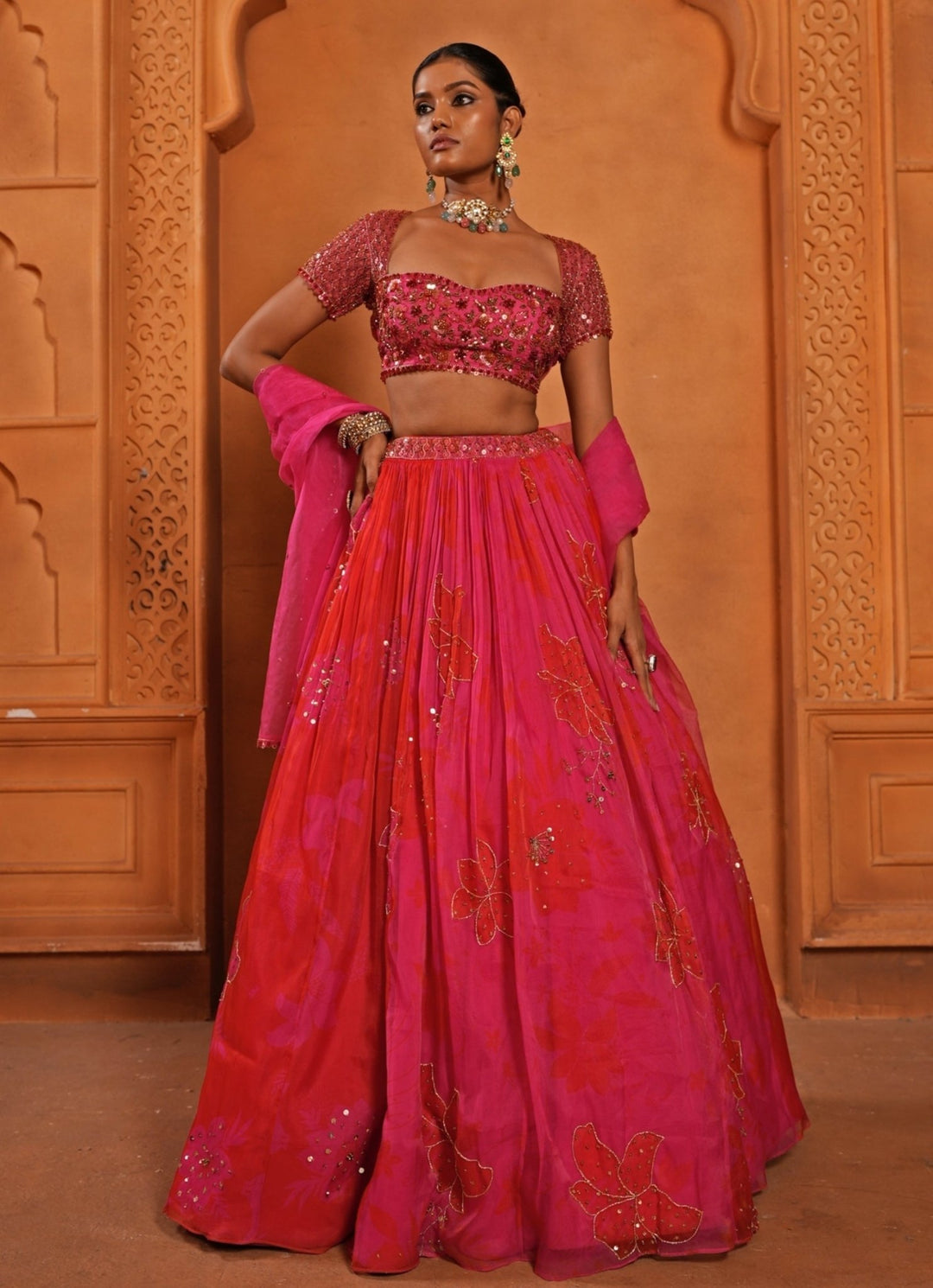 Hot Pink And Red Organza Lehenga Enamour by Radha - Fabilicious Fashion