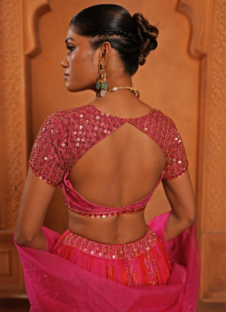 Hot Pink And Red Organza Lehenga Enamour by Radha - Fabilicious Fashion