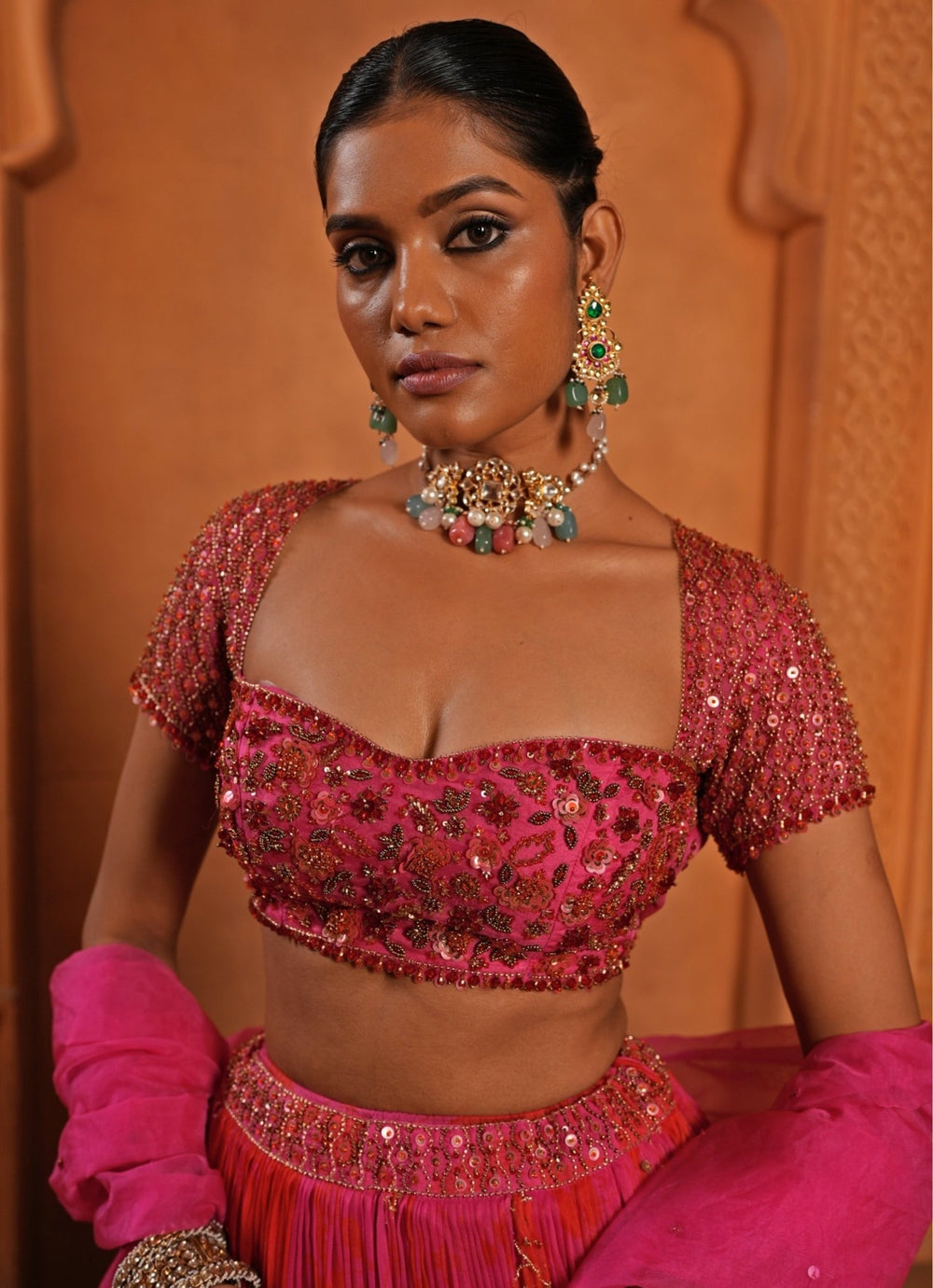 Hot Pink And Red Organza Lehenga Enamour by Radha - Fabilicious Fashion