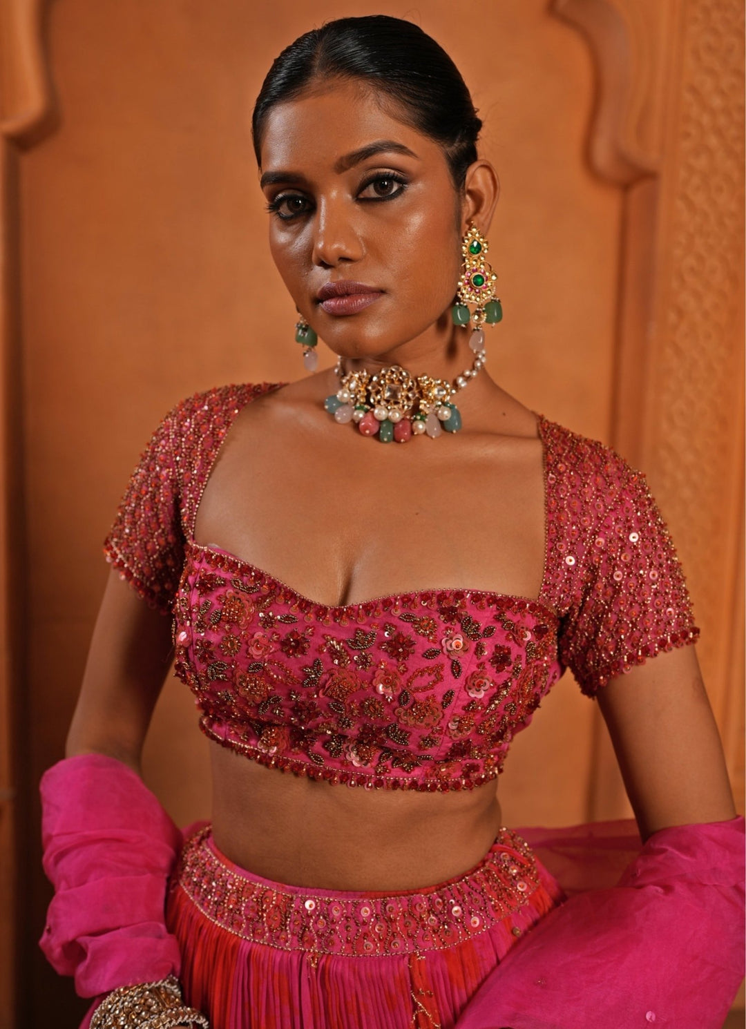 Hot Pink And Red Organza Lehenga Enamour by Radha - Fabilicious Fashion