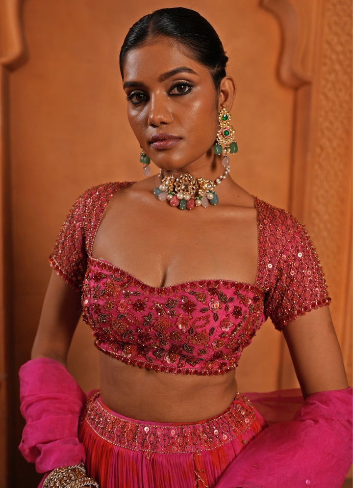 Hot Pink And Red Organza Lehenga Enamour by Radha - Fabilicious Fashion