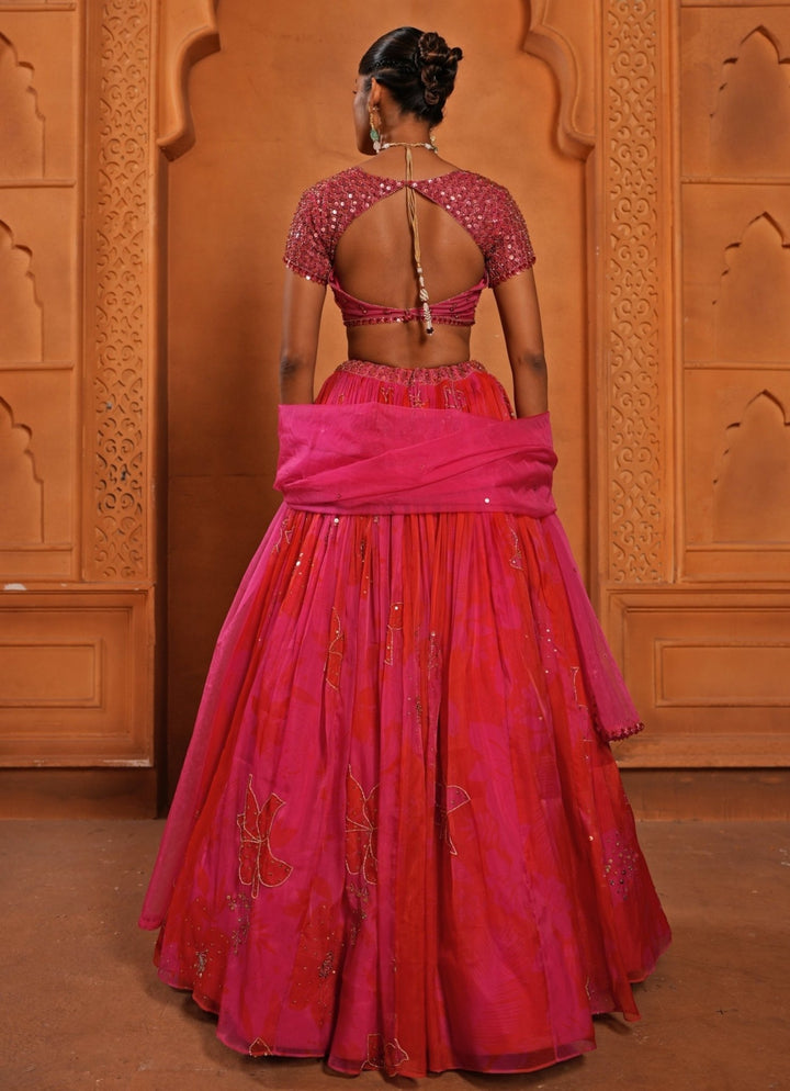 Hot Pink And Red Organza Lehenga Enamour by Radha - Fabilicious Fashion