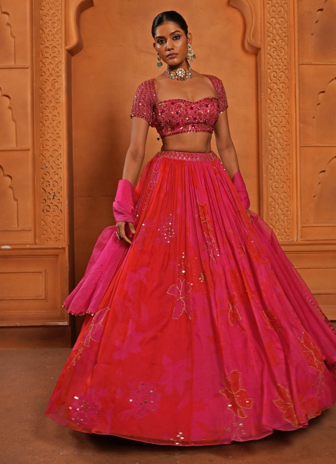 Hot Pink And Red Organza Lehenga Enamour by Radha - Fabilicious Fashion