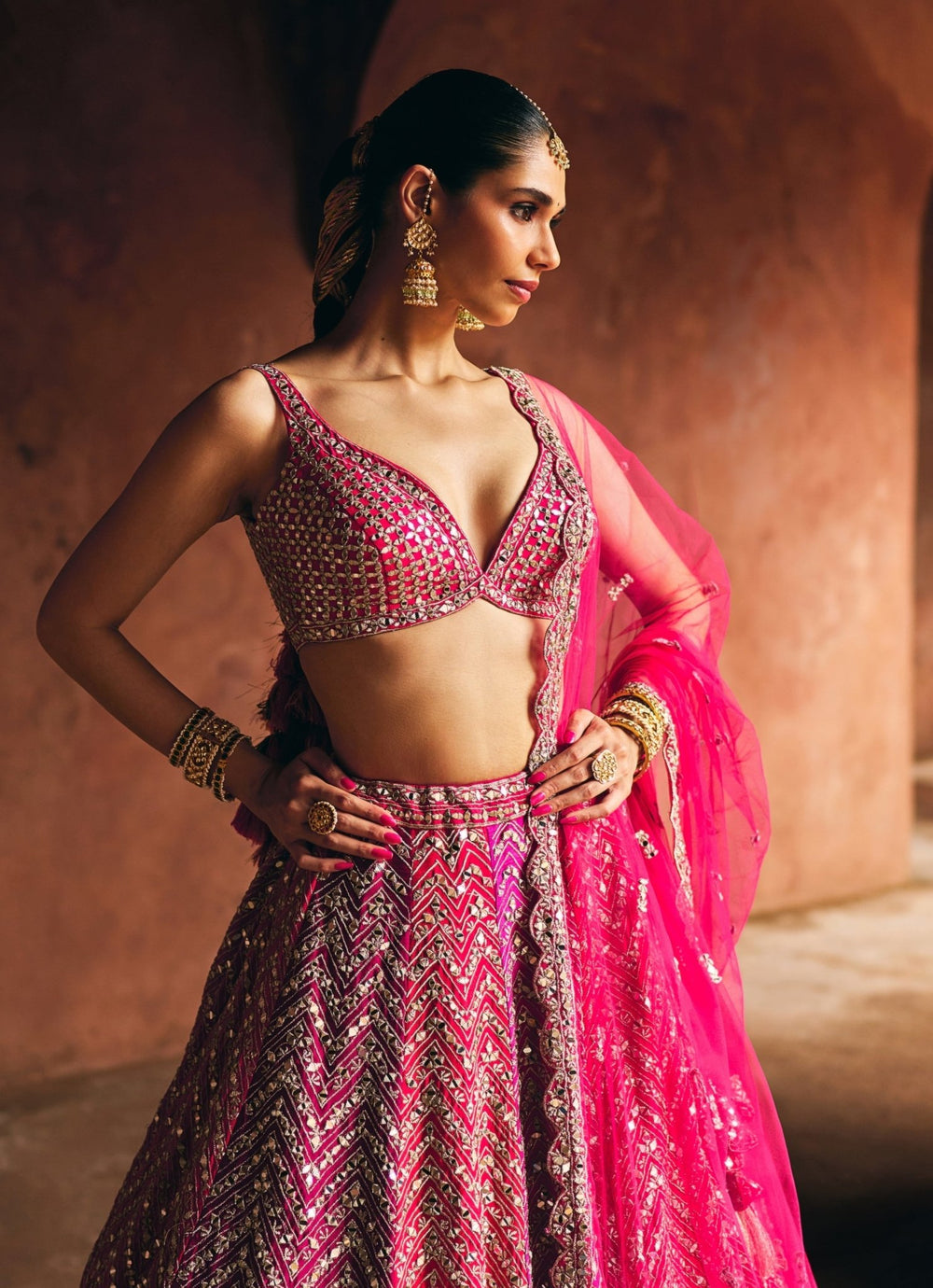 Hot Pink And Red Raw Silk Lehenga Set Angad Singh - Fabilicious Fashion