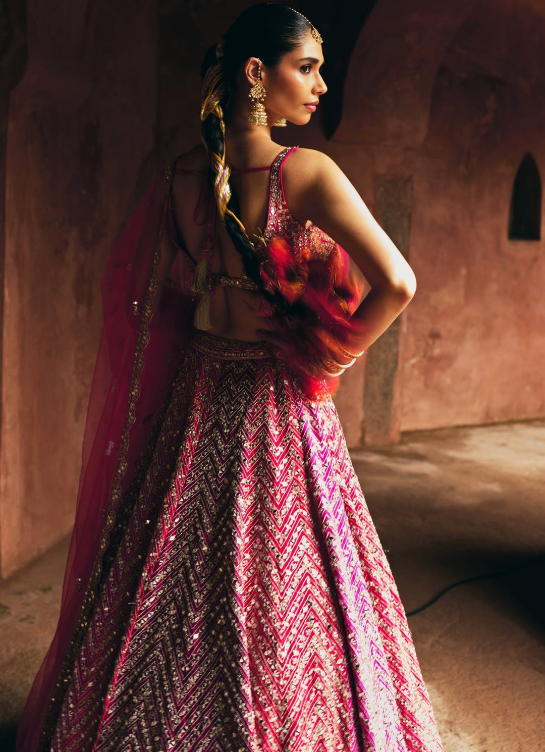 Hot Pink And Red Raw Silk Lehenga Set Angad Singh - Fabilicious Fashion