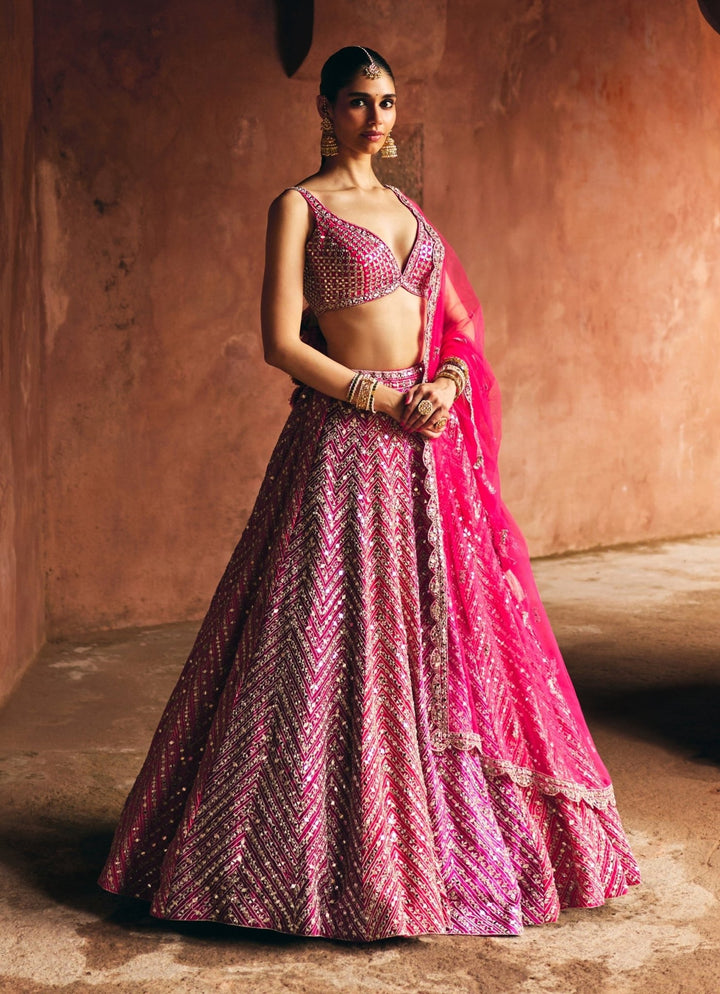Hot Pink And Red Raw Silk Lehenga Set Angad Singh - Fabilicious Fashion
