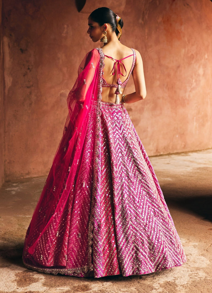 Hot Pink And Red Raw Silk Lehenga Set Angad Singh - Fabilicious Fashion
