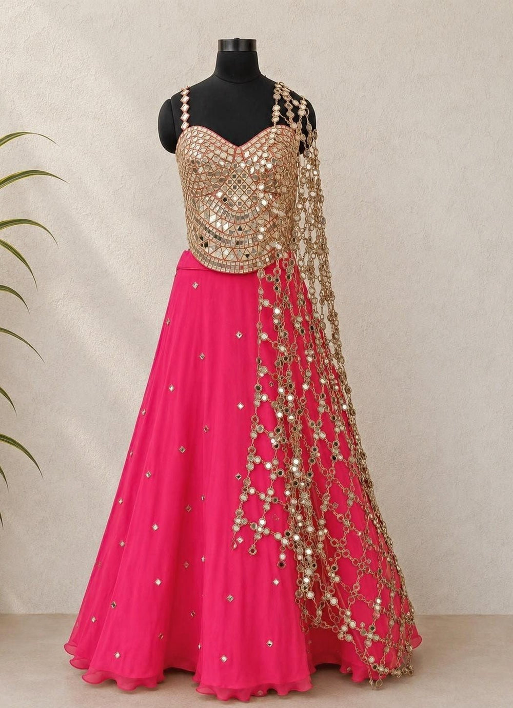 Anisha Shetty Hot Pink and Vintage Gold Organza Lehenga with Corset BlouseFabilicious Fashion