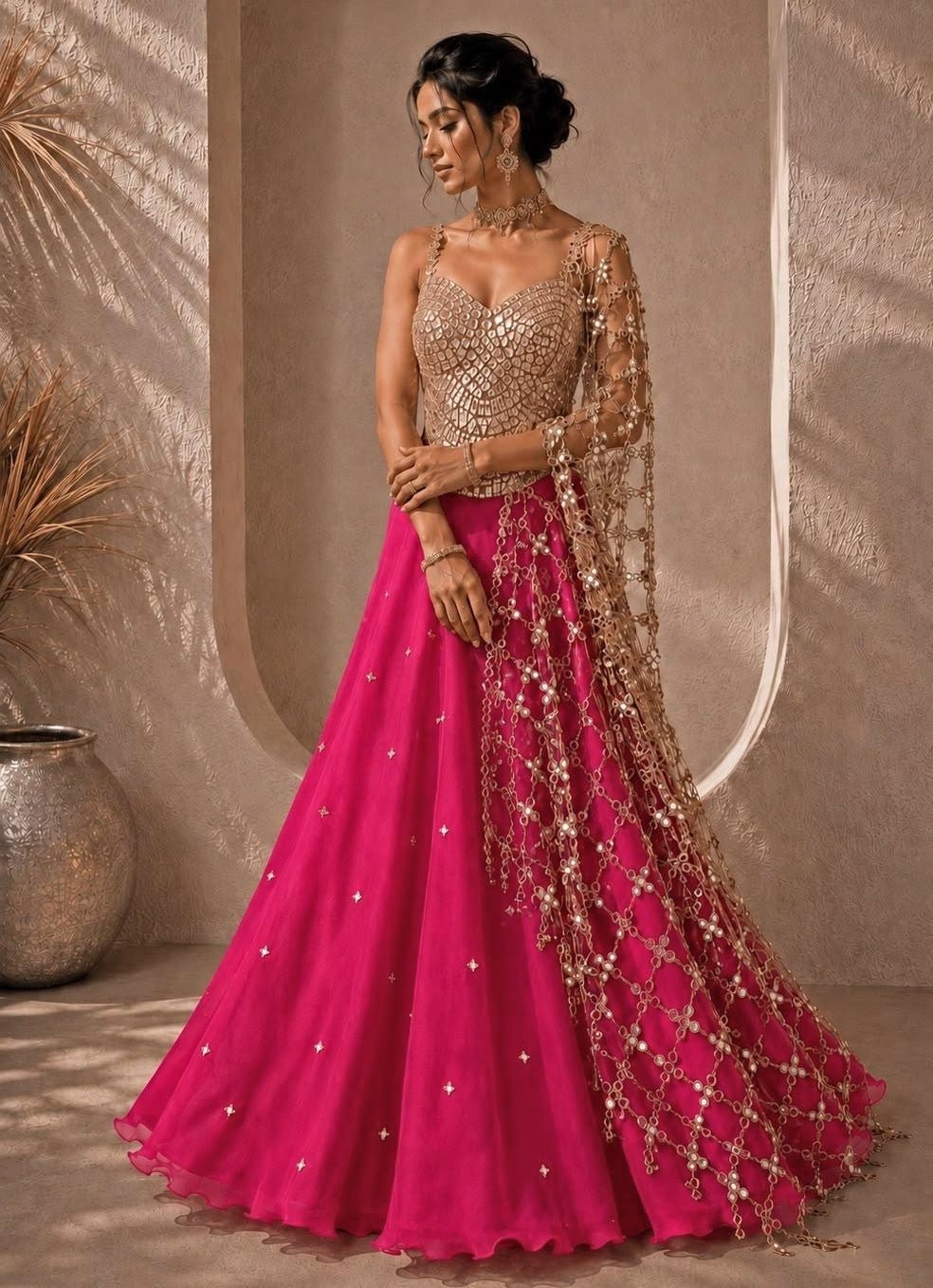 Anisha Shetty Hot Pink and Vintage Gold Organza Lehenga with Corset BlouseFabilicious Fashion
