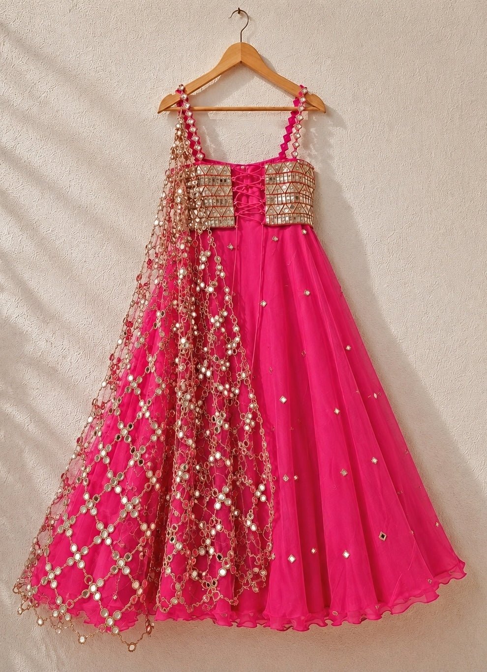 Anisha Shetty Hot Pink and Vintage Gold Organza Lehenga with Corset BlouseFabilicious Fashion