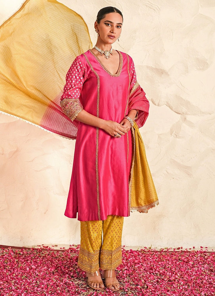 Nidhika Shekhar Hot Pink And Yellow Chanderi Kurta Pants SetFabilicious Fashion