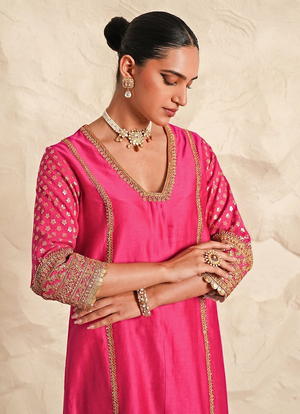 Nidhika Shekhar Hot Pink And Yellow Chanderi Kurta Pants SetFabilicious Fashion