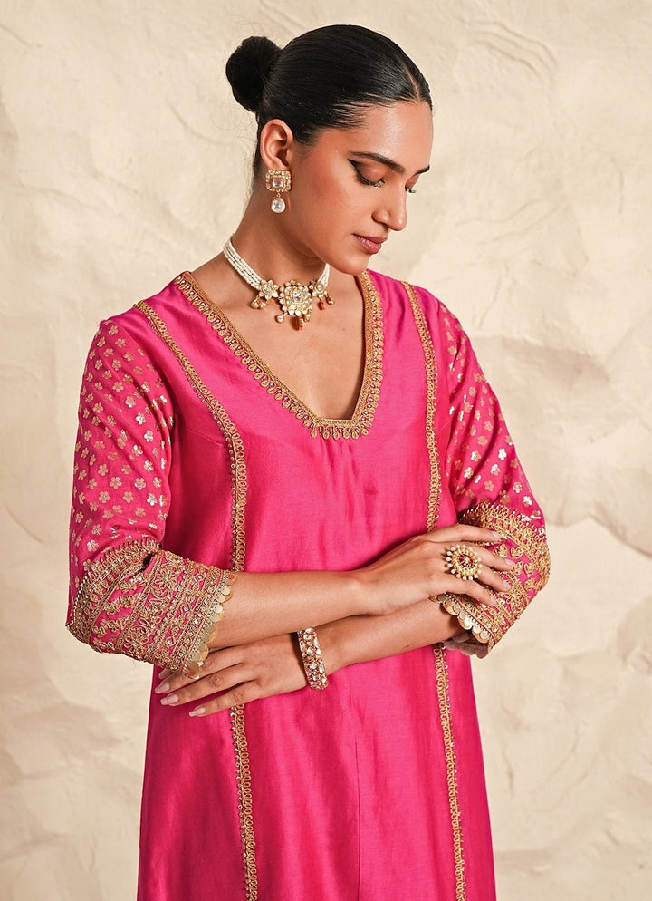 Nidhika Shekhar Hot Pink And Yellow Chanderi Kurta Pants SetFabilicious Fashion
