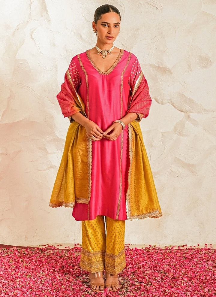 Nidhika Shekhar Hot Pink And Yellow Chanderi Kurta Pants SetFabilicious Fashion