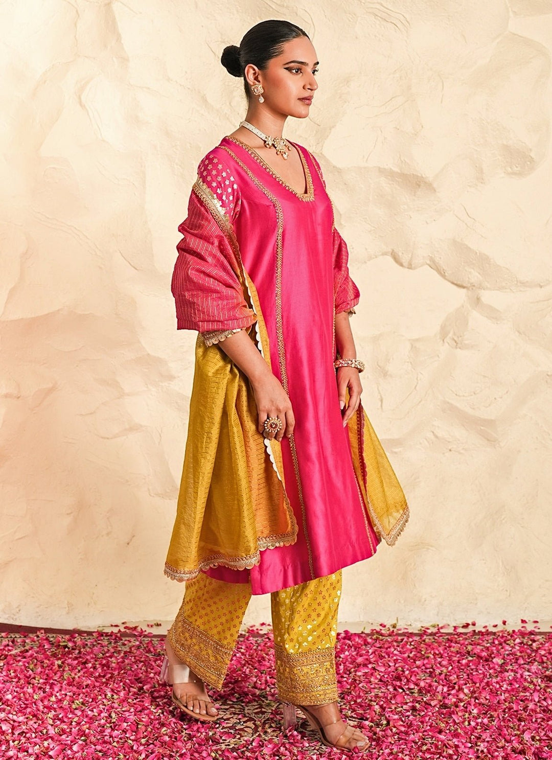 Nidhika Shekhar Hot Pink And Yellow Chanderi Kurta Pants SetFabilicious Fashion