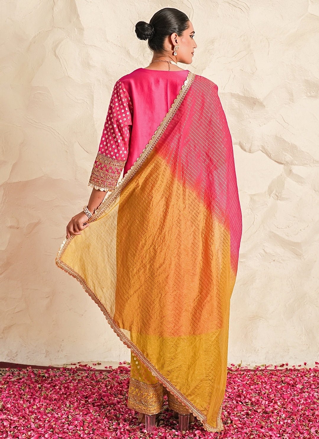 Nidhika Shekhar Hot Pink And Yellow Chanderi Kurta Pants SetFabilicious Fashion