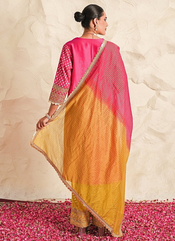 Nidhika Shekhar Hot Pink And Yellow Chanderi Kurta Pants SetFabilicious Fashion