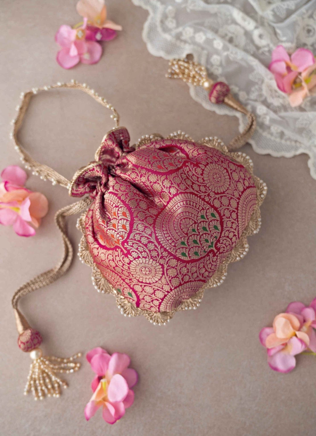 Hot Pink Banarasi Potli AMYRA - Fabilicious Fashion