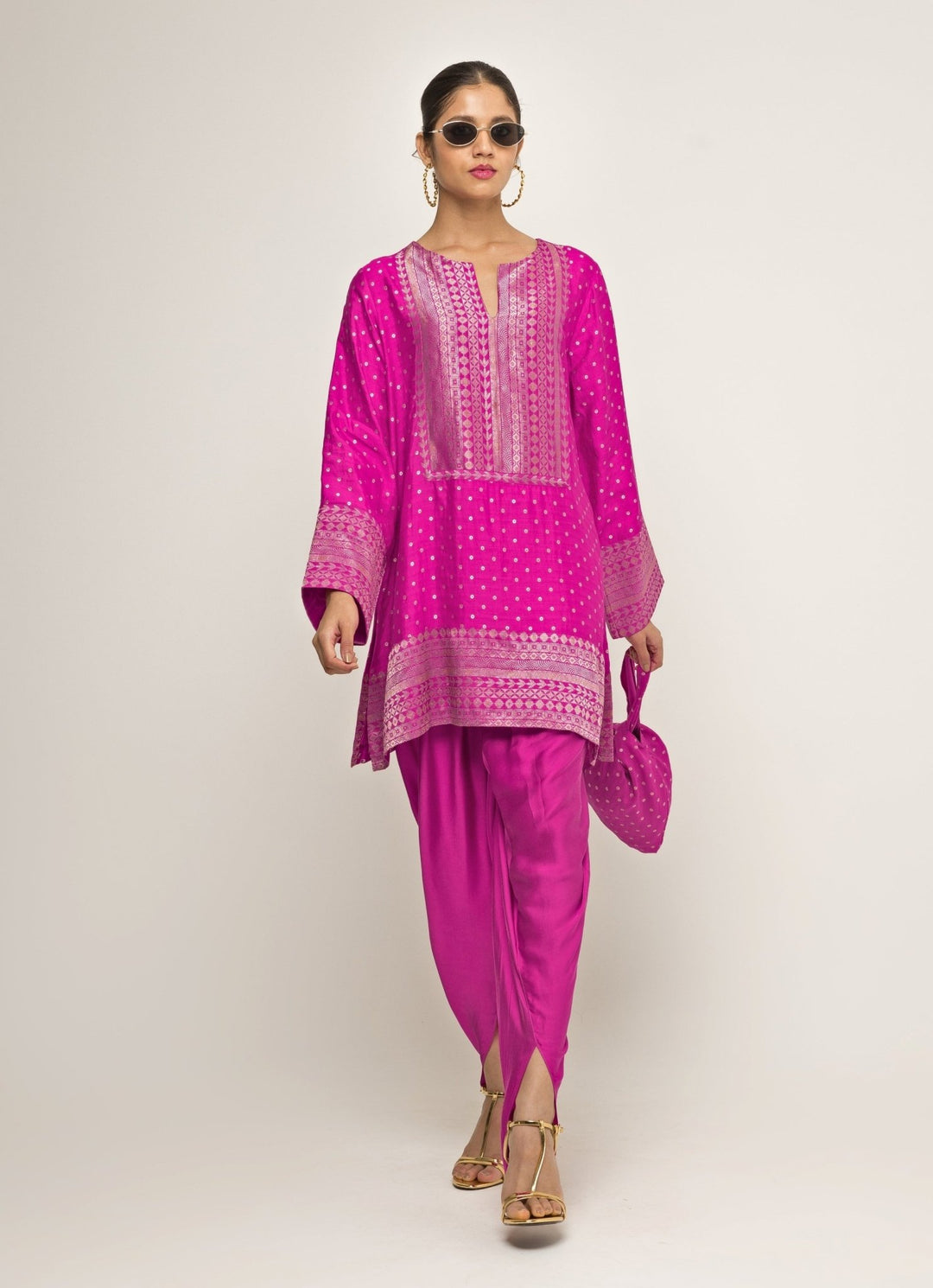 Hot Pink Banarasi Silk Kurta Dhoti Set Sobariko - Fabilicious Fashion