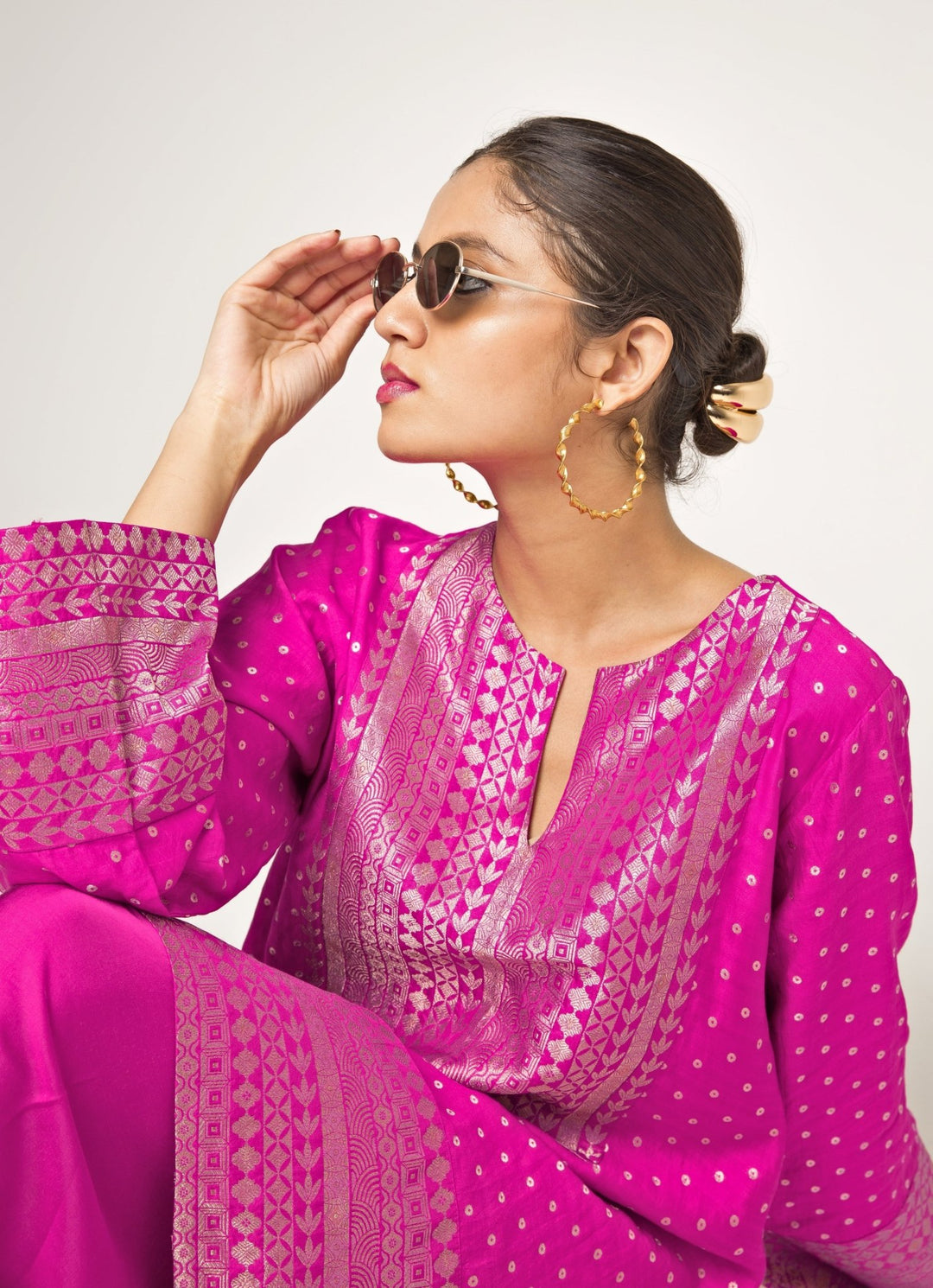 Hot Pink Banarasi Silk Kurta Dhoti Set Sobariko - Fabilicious Fashion