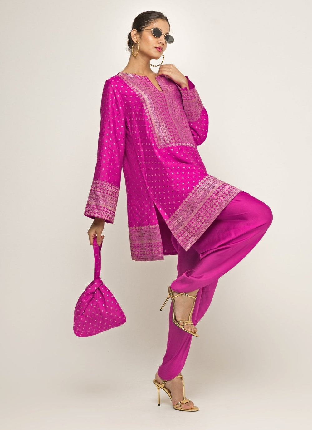 Hot Pink Banarasi Silk Kurta Dhoti Set Sobariko - Fabilicious Fashion
