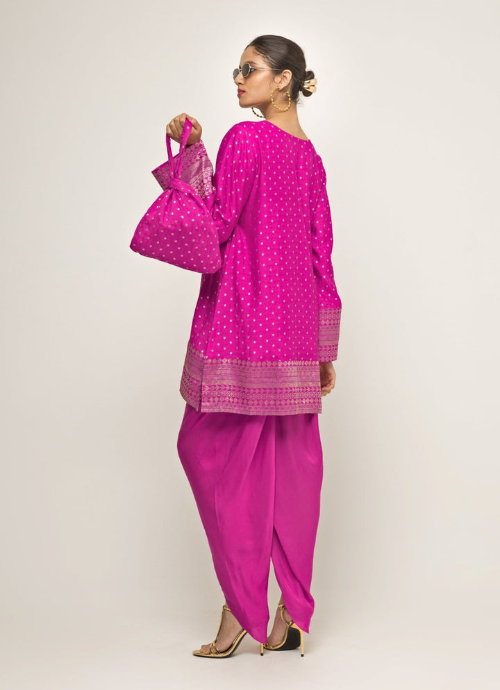 Hot Pink Banarasi Silk Kurta Dhoti Set Sobariko - Fabilicious Fashion