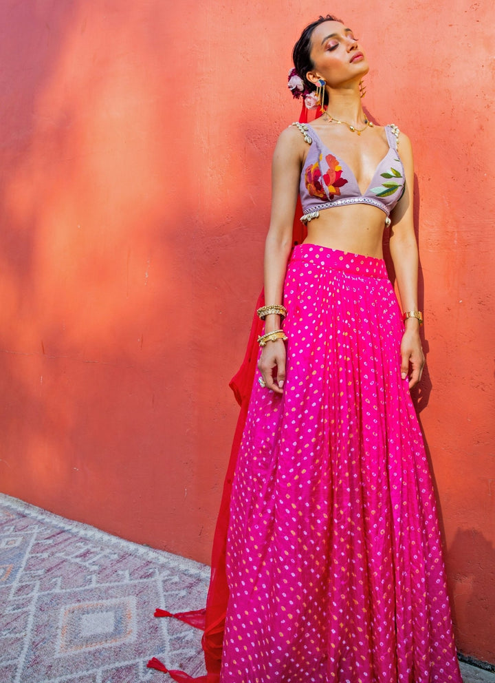 The Little Black Bow Hot Pink Bandhani Silk Lehenga SetFabilicious Fashion