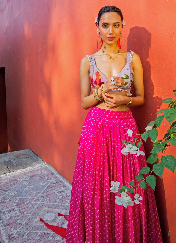 The Little Black Bow Hot Pink Bandhani Silk Lehenga SetFabilicious Fashion