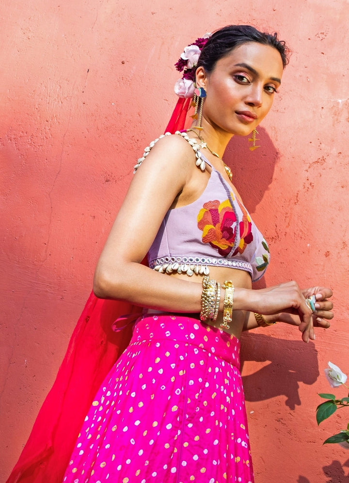 The Little Black Bow Hot Pink Bandhani Silk Lehenga SetFabilicious Fashion