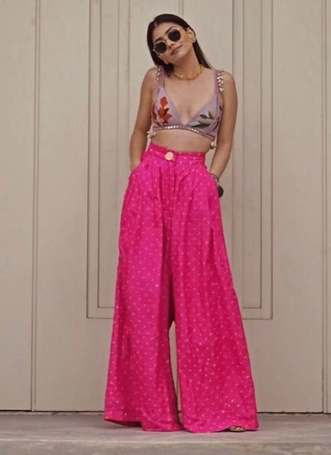 The Little Black Bow Hot Pink Bandhani Silk Pants SetFabilicious Fashion