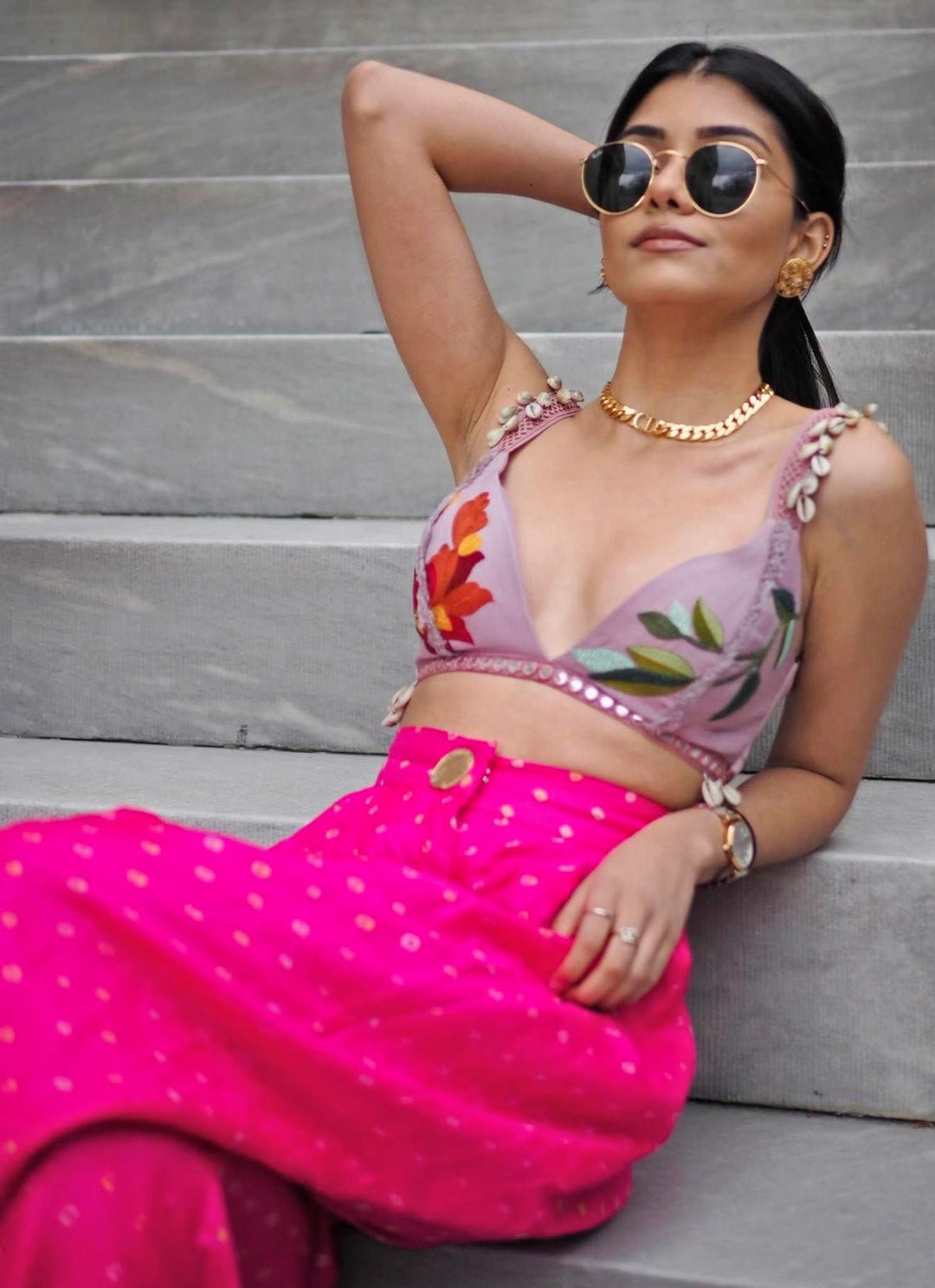 The Little Black Bow Hot Pink Bandhani Silk Pants SetFabilicious Fashion