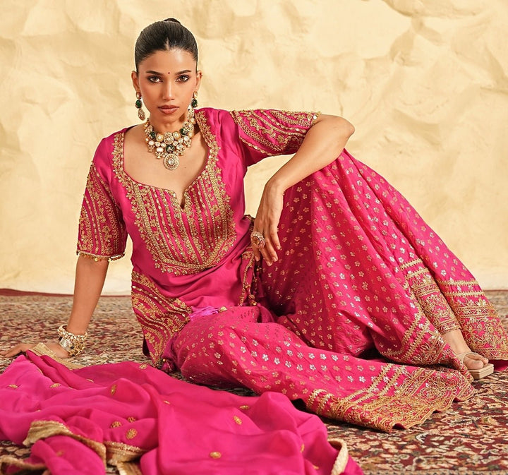 Nidhika Shekhar Hot Pink Booti Chanderi Kurta Garara SetFabilicious Fashion