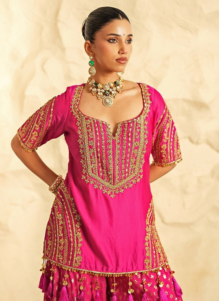 Nidhika Shekhar Hot Pink Booti Chanderi Kurta Garara SetFabilicious Fashion