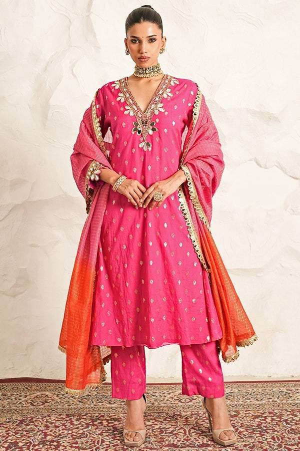 Hot pink booti chanderi kurta pants set for Diwali by Nidhika Shekhar