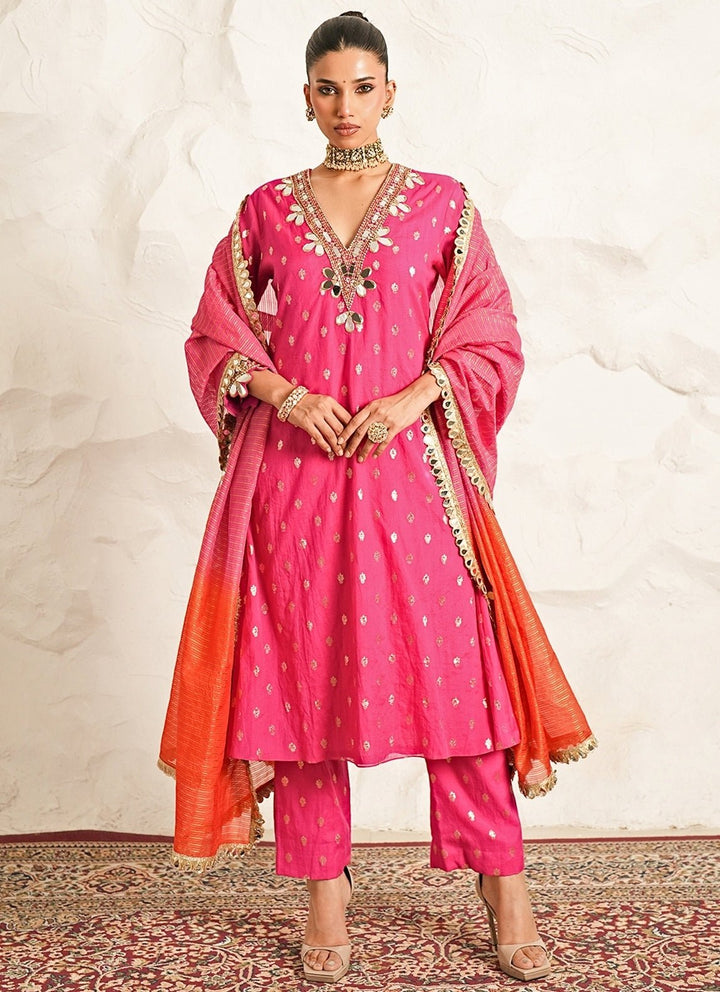 Nidhika Shekhar Hot Pink Booti Chanderi Kurta Pants SetFabilicious Fashion