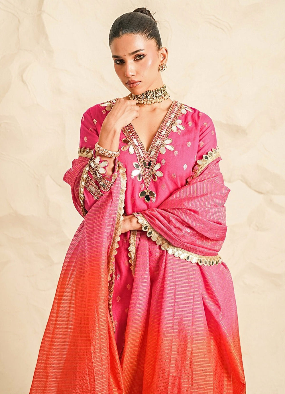 Nidhika Shekhar Hot Pink Booti Chanderi Kurta Pants SetFabilicious Fashion