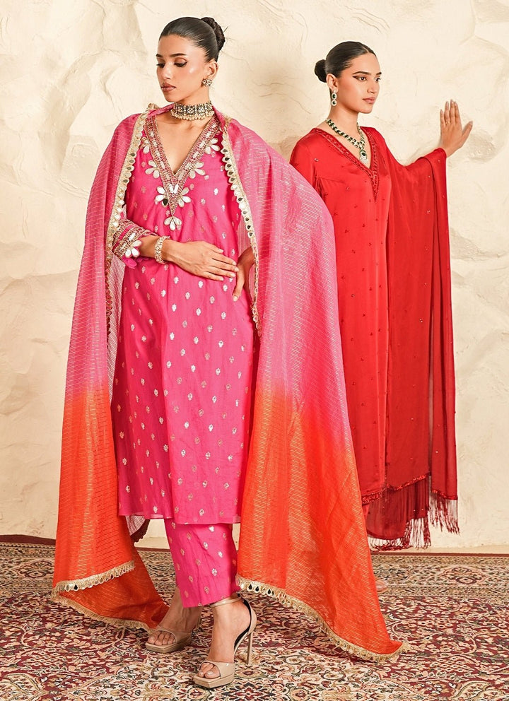 Nidhika Shekhar Hot Pink Booti Chanderi Kurta Pants SetFabilicious Fashion