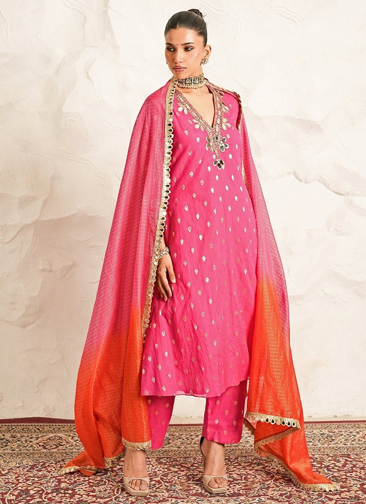 Nidhika Shekhar Hot Pink Booti Chanderi Kurta Pants SetFabilicious Fashion