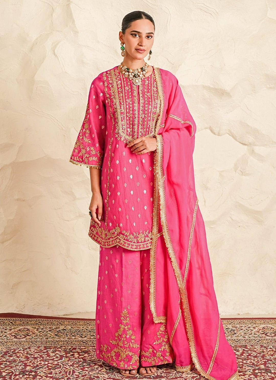 Nidhika Shekhar Hot Pink Booti Chanderi Kurta Sharara SetFabilicious Fashion