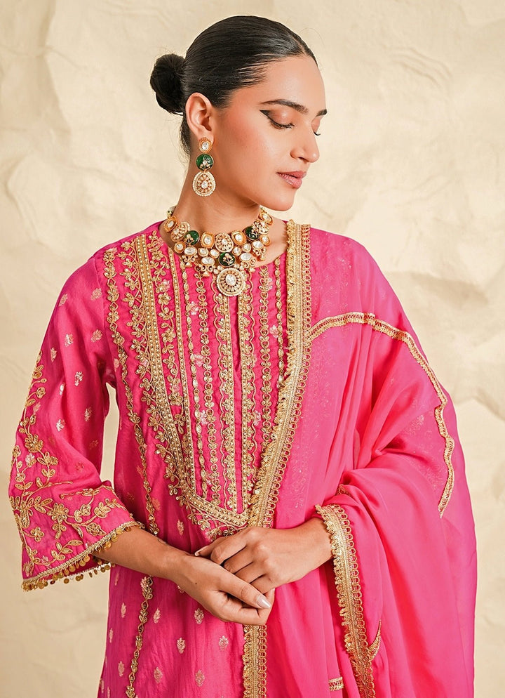 Nidhika Shekhar Hot Pink Booti Chanderi Kurta Sharara SetFabilicious Fashion