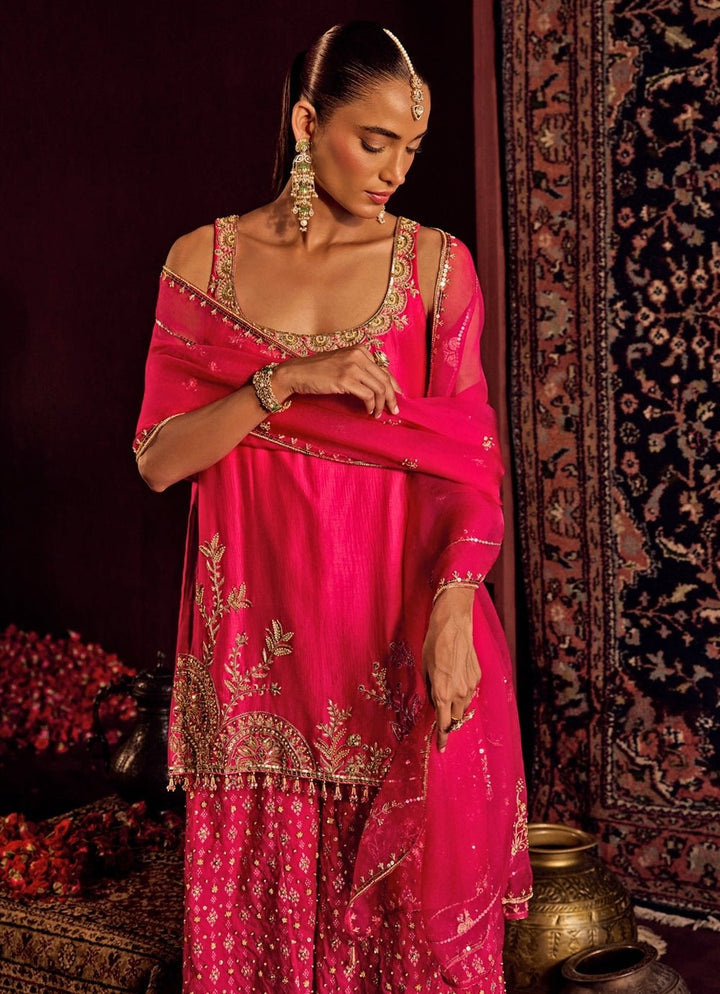 Hot Pink Brocade Silk Kurta Sharara Set Prevasu - Fabilicious Fashion