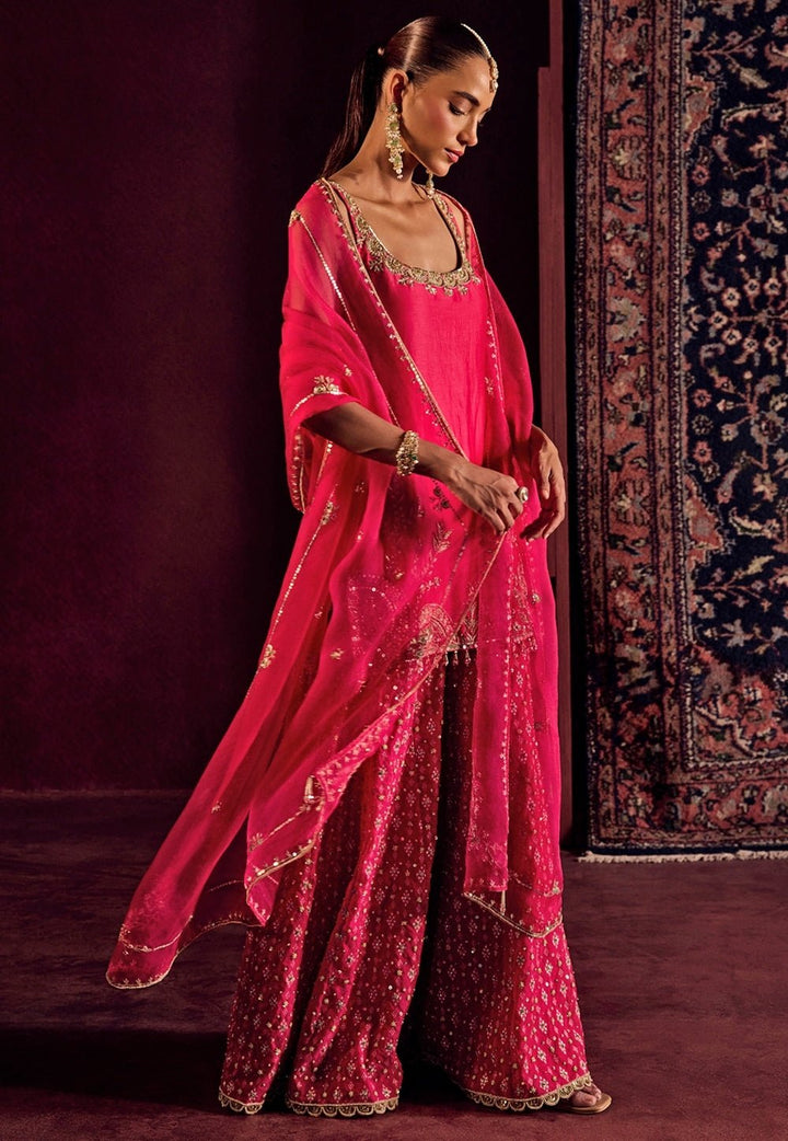 Hot Pink Brocade Silk Kurta Sharara Set Prevasu - Fabilicious Fashion