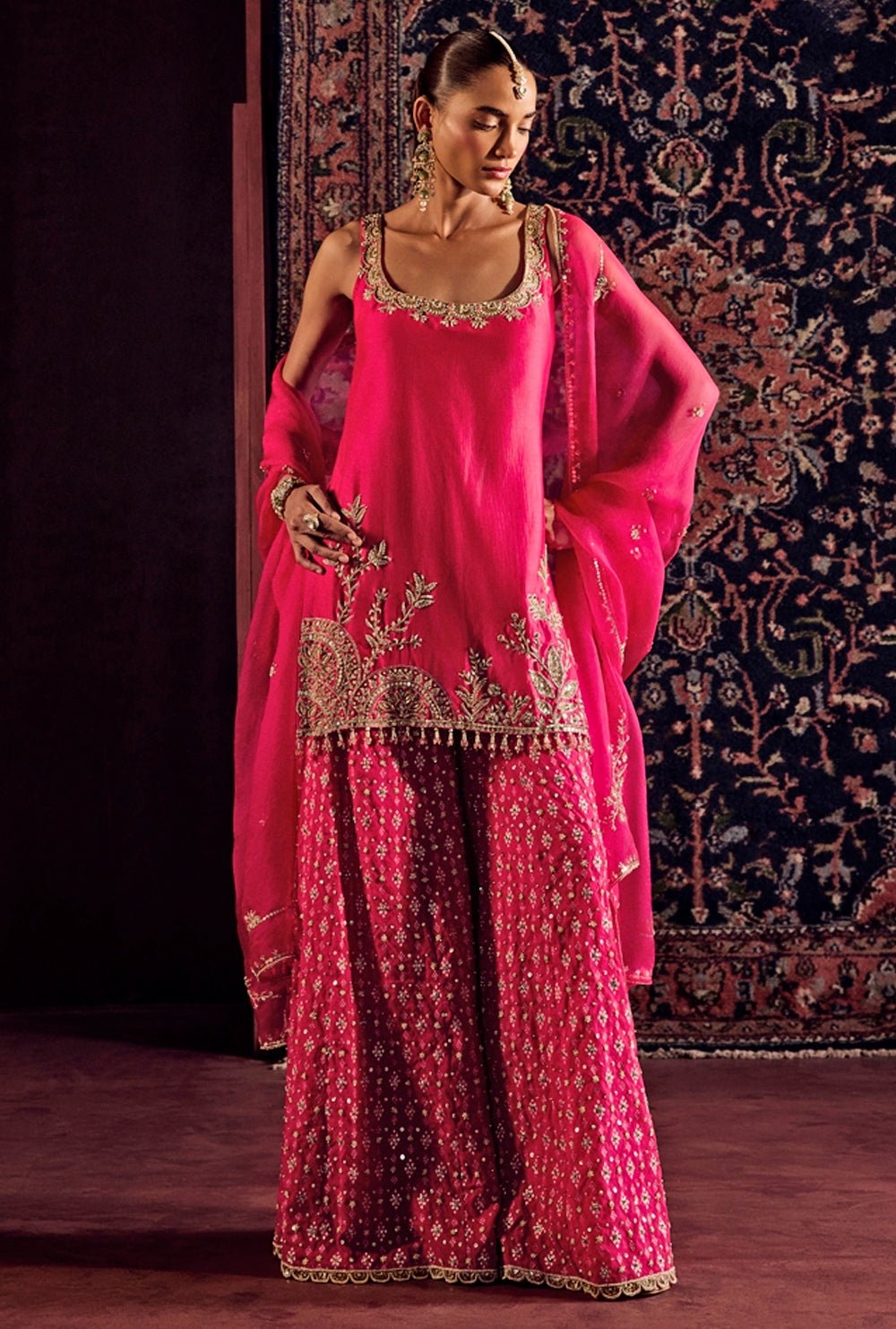 Hot Pink Brocade Silk Kurta Sharara Set Prevasu - Fabilicious Fashion