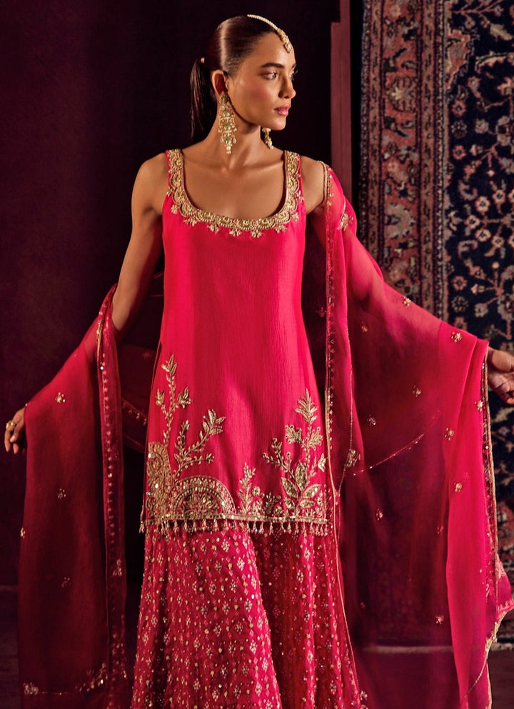 Hot Pink Brocade Silk Kurta Sharara Set Prevasu - Fabilicious Fashion