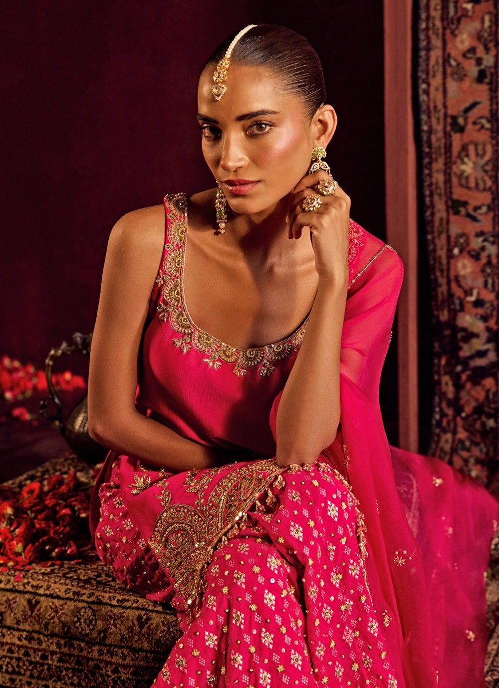 Hot Pink Brocade Silk Kurta Sharara Set Prevasu - Fabilicious Fashion